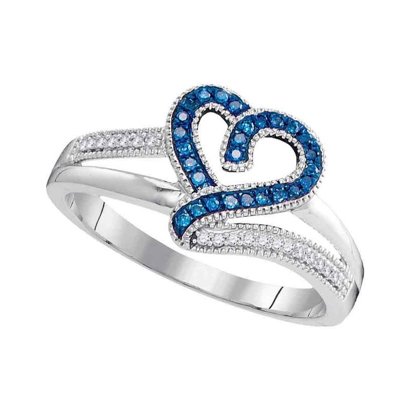 10kt White Gold Womens Round Blue Color Enhanced Diamond Heart Ring 1/8 Cttw