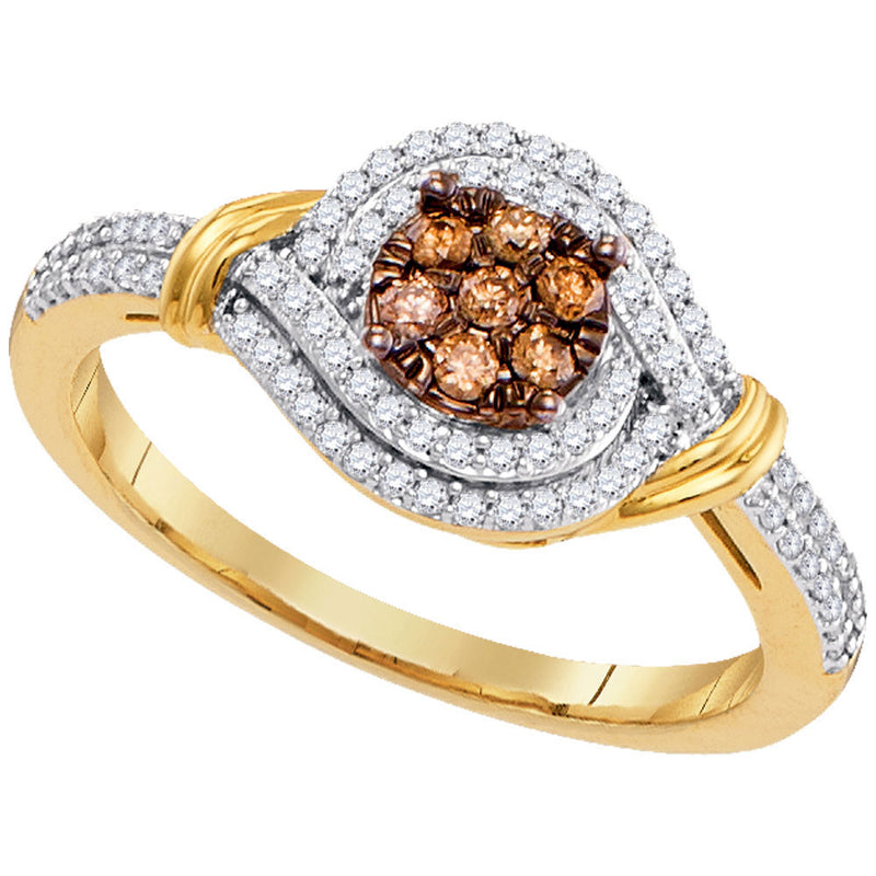 10kt Yellow Gold Womens Round Brown Diamond Cluster Ring 1/3 Cttw