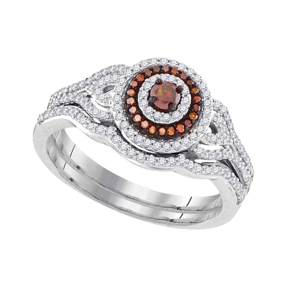 10kt White Gold Womens Round Red Color Enhanced Diamond Bridal Wedding Ring Set 1/2 Cttw