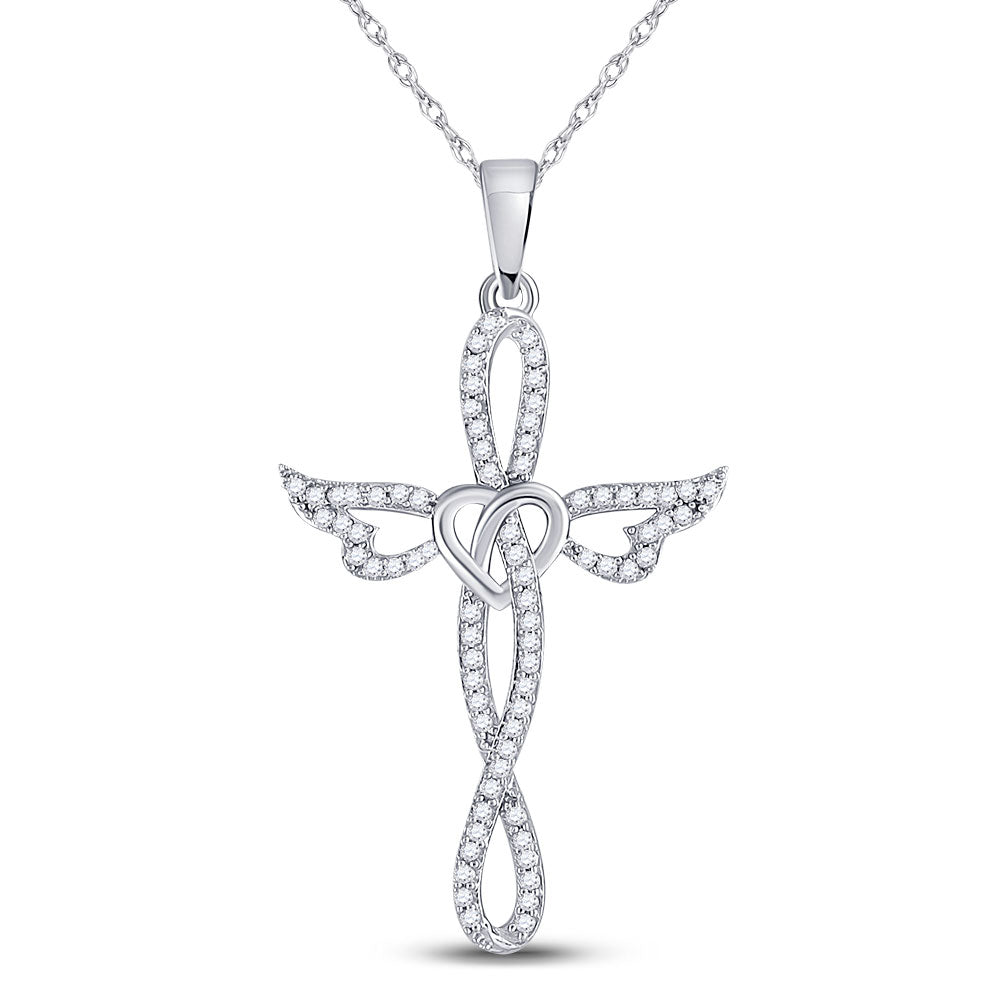 10kt White Gold Womens Round Diamond Cross Heart Winged Pendant 1/5 Cttw