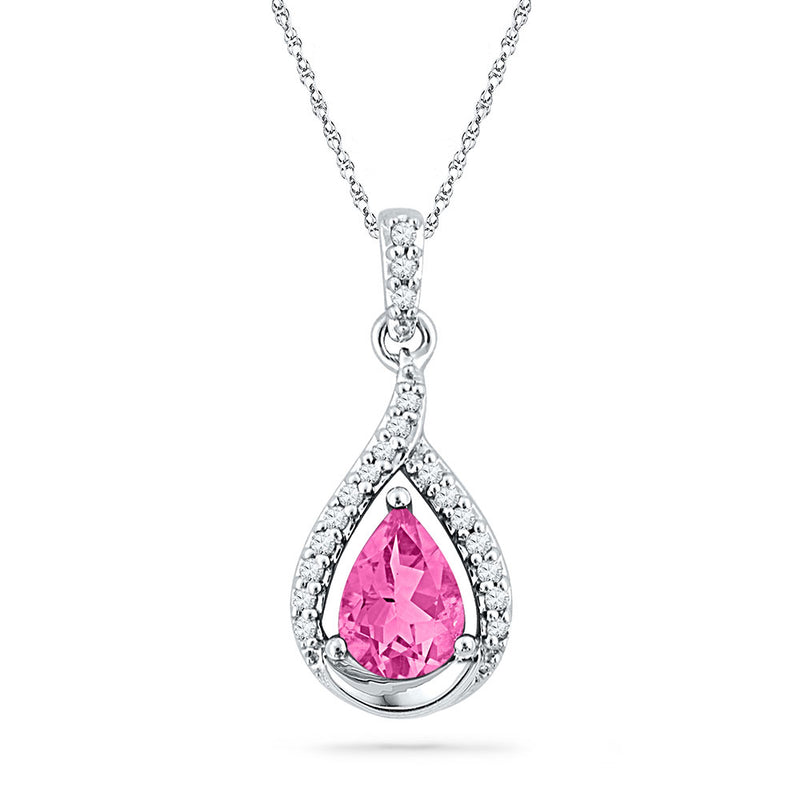 10kt White Gold Womens Pear Lab-Created Pink Sapphire Solitaire Diamond Pendant 1-5/8 Cttw