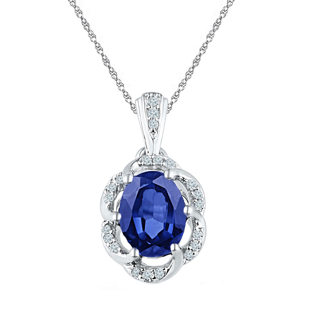 10kt White Gold Womens Oval Lab-Created Blue Sapphire Solitaire Diamond Pendant 1-3/4 Cttw