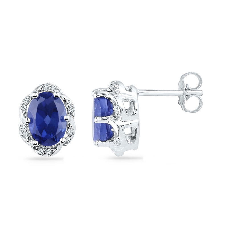 10kt White Gold Womens Oval Lab-Created Blue Sapphire Solitaire Diamond Earrings 2-1/2 Cttw