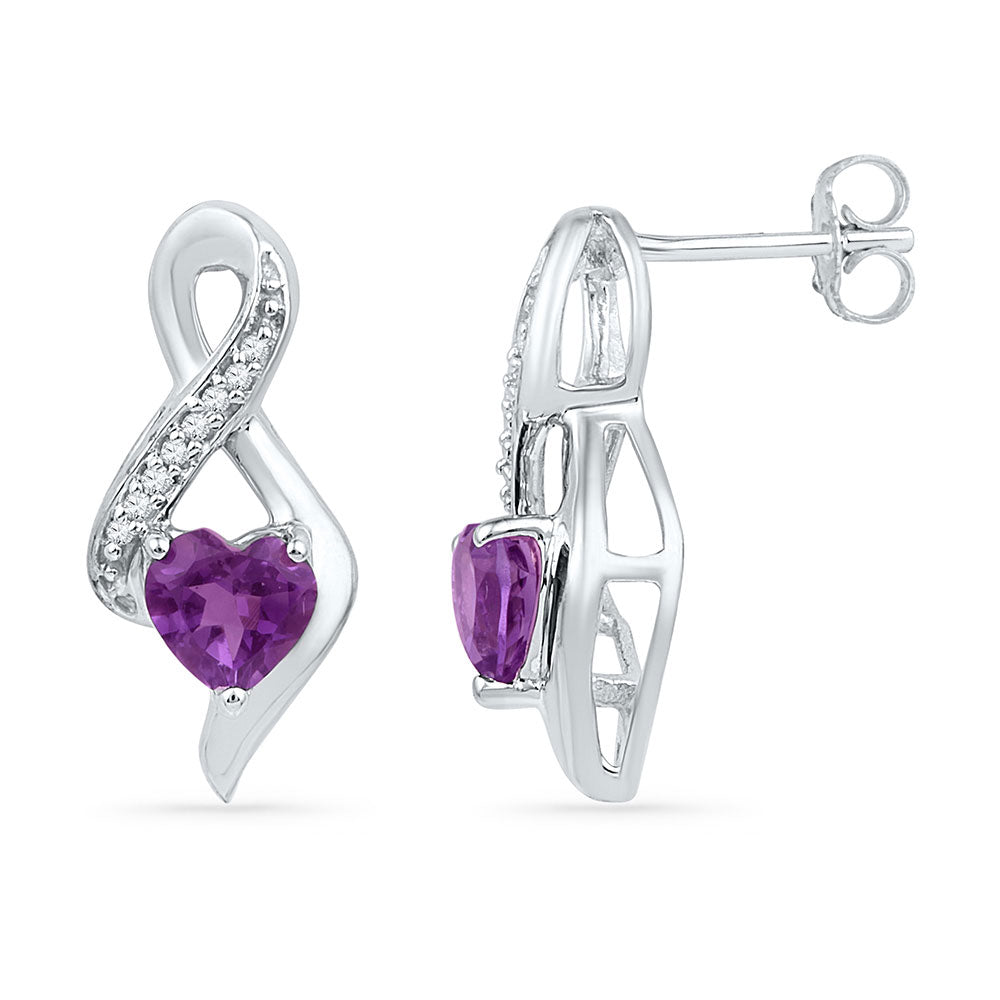 10kt White Gold Womens Heart Amethyst Diamond Fashion Earrings 1/20 Cttw