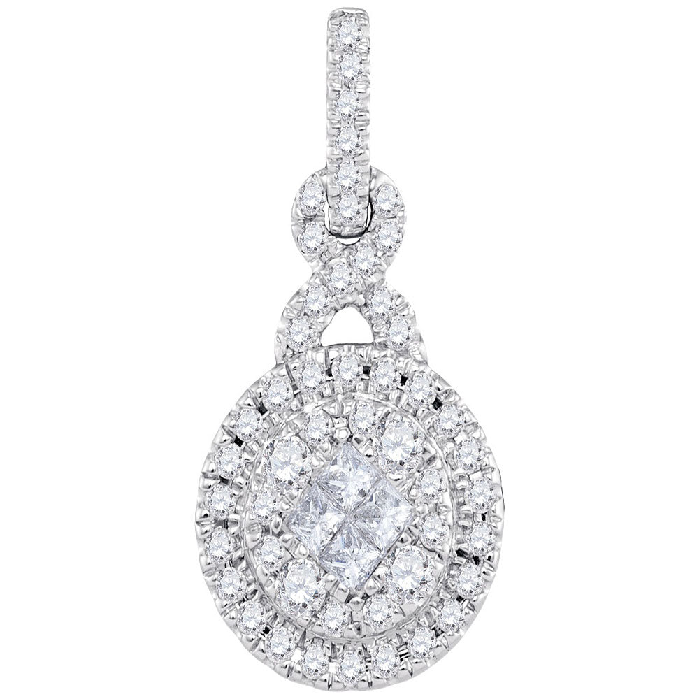 14kt White Gold Womens Princess Round Diamond Cluster Pendant 1/2 Cttw