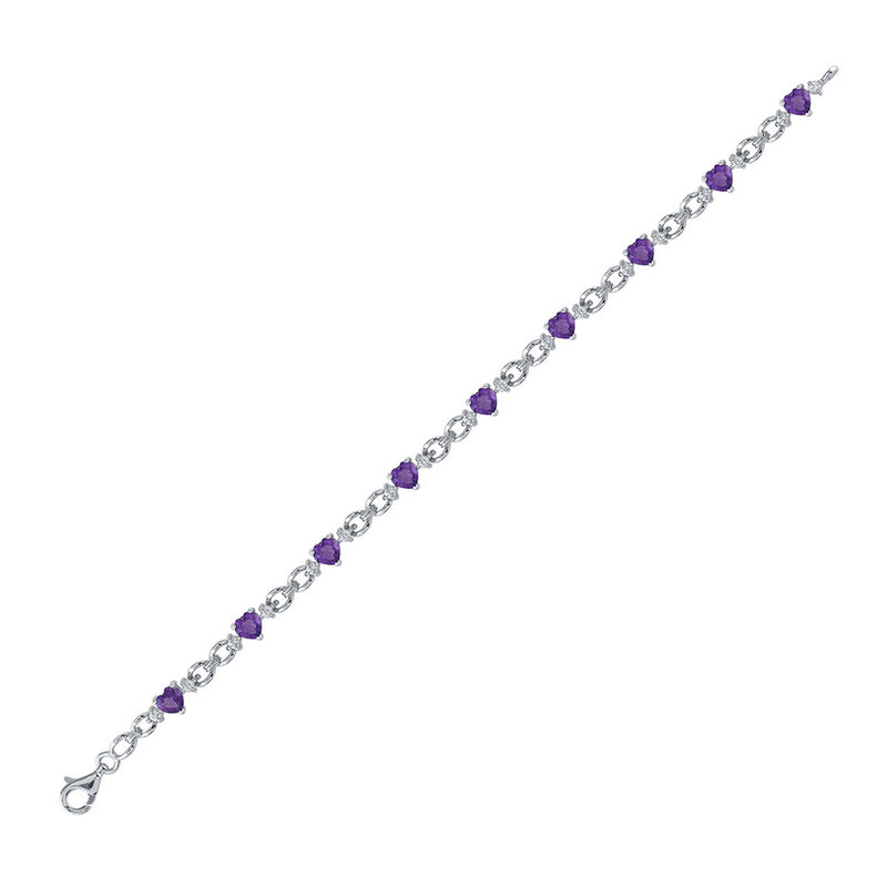 Sterling Silver Womens Heart Lab-Created Amethyst Heart Bracelet 5-1/2 Cttw