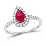 10kt White Gold Womens Pear Lab-Created Ruby Solitaire Diamond Frame Ring 1-1/5 Cttw