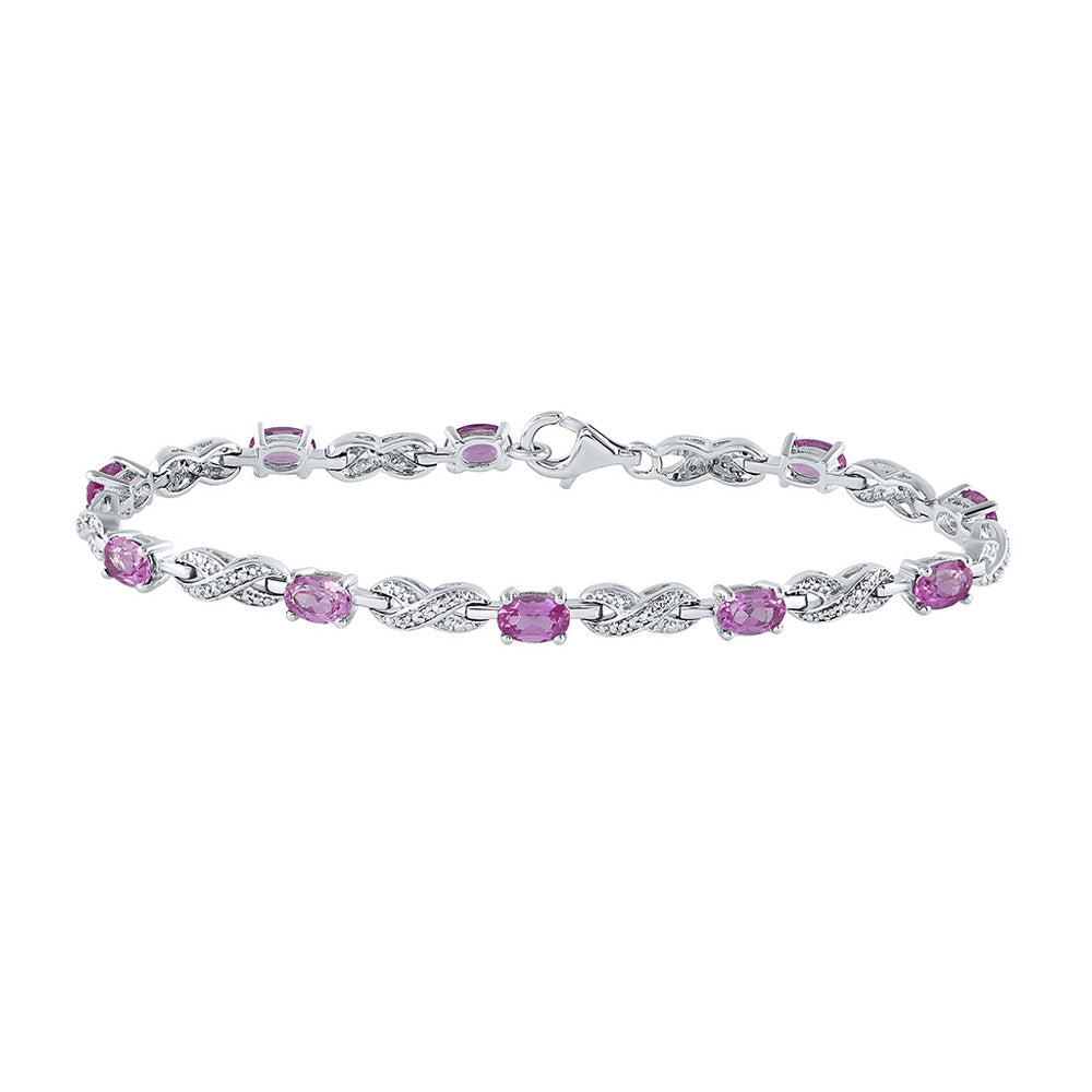 Sterling Silver Womens Oval Lab-Created Pink Sapphire Fashion Bracelet 3-7/8 Cttw